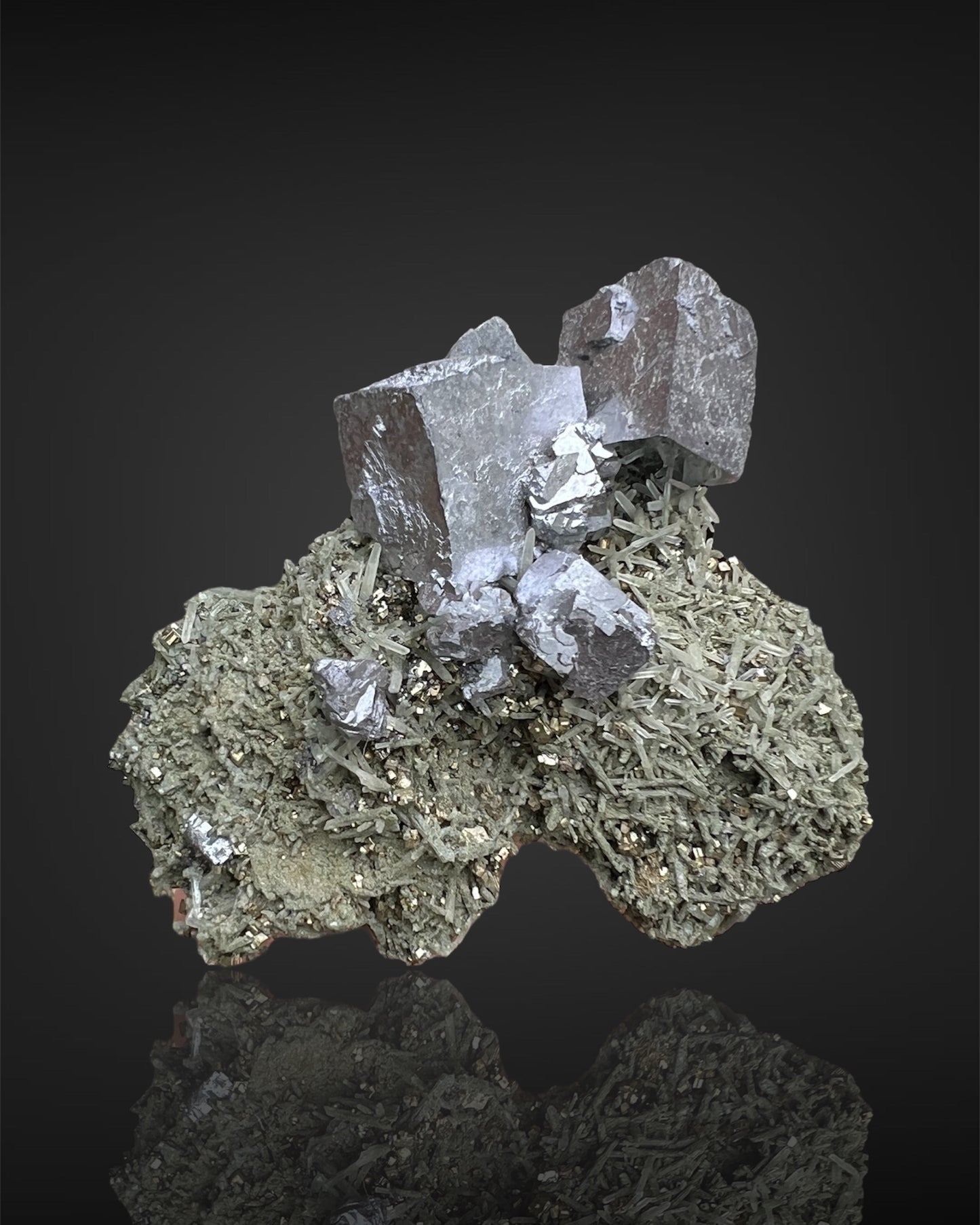 Galena with Minor Pyrite on Chlorite Included Needle Quartz from Smolyan Oblast, Bulgaria